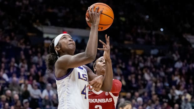 Jan 21, 2024; Baton Rouge, Louisiana, USA; LSU Lady Tigers guard Flau'jae Johnson (4) is fouled by Arkansas Razorbacks guard Samara Spencer (2) during the second half at Pete Maravich Assembly Center.